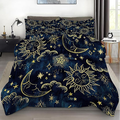 Celestial Comforter Set Queen Size Blue Gold Sun and Moon Boho Bedding for Kids Adult Women Teens Universe Galaxy Bohemian Exotic Gothic Quilt 1 Comforter + 2 Pillow Cases