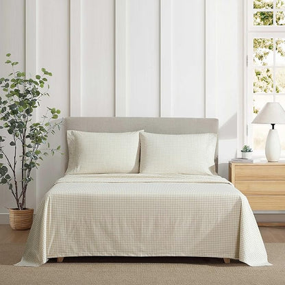 Eddie Bauer - Sheet Set, Cotton Percale Bedding with Matching Pillowcase, Crisp & Breathable, 200-Thread Count, Classic Comfort Essentials (Little Gingham Beige, King)