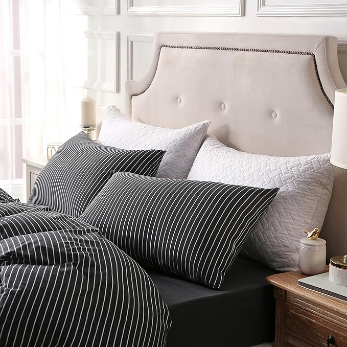 PURE ERA Jersey Knit Duvet Cover Set 100% T-Shirt Heather Cotton Super Soft Comfy Classic Striped Design, with Zipper Closure, Heather Black & White Pinstripe, Queen