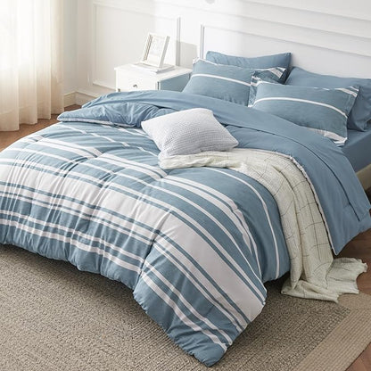 Bedsure Twin Comforter Set 5 Pieces, Grey Blue Striped Bedding Set for All Seasons, Reversible, Cationic Dyeing Bed in a Bag with Comforter, Sheets, Pillowcase & Sham