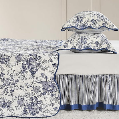 Wonderful 100% Cotton Blue Floral Quilt Set King Size Bedding Sets with Pillow Shams and Bed Skirt, 4 Pieces Floral Bedspread Coverlet, Quilted Blanket Bed Cover for All Season, 104"x90"