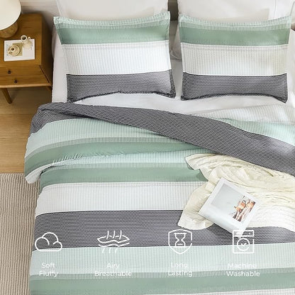 Litanika Queen Comforter Set Sage Green - 3 Pieces Lightweight Quilt Bedding Comforter Sets, Light Green White Colorblock Stripe Fluffy Bed Set, All Season Down Alternative