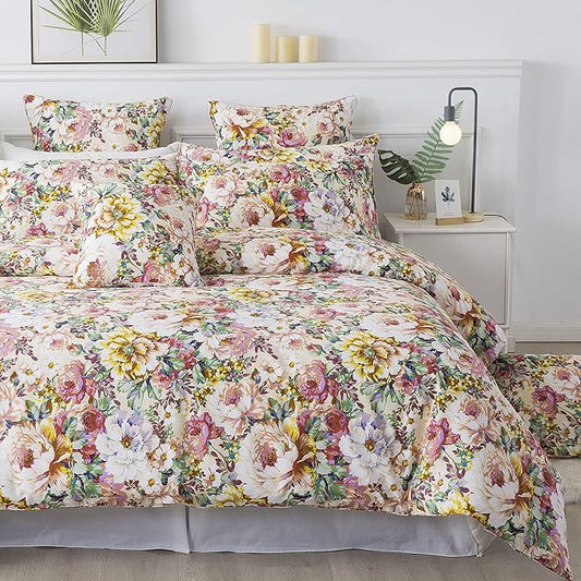 FADFAY Garden Floral Bedding Set Queen 100% Cotton 600 TC Shabby Vintage Duvet Cover Salmon Pink Large Flower Cottagecore Bedding Romantic Peony Zipper Corner Ties 3 Pcs- No Filling