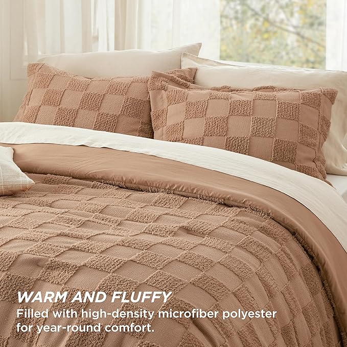 Bedsure California King Size Comforter Set Taupe, Boho Tufted Bed Set, Checkered Farmhouse Shabby Chic Bedding, 3 Pieces, 1 Plaid Geometric Comforter and 2 Pillow Shams