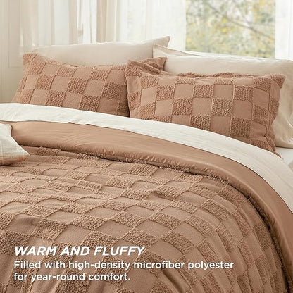 Bedsure King Size Comforter Set Taupe, Boho Tufted Bed Set, Checkered Farmhouse Shabby Chic Bedding, 3 Pieces, 1 Plaid Geometric Comforter and 2 Pillow Shams
