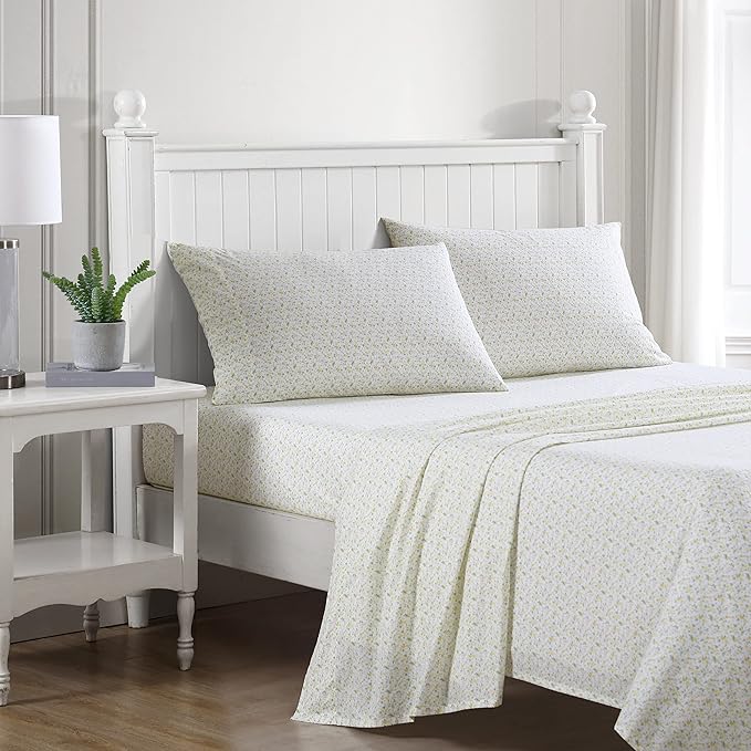 Laura Ashley - Standard Pillowcase Set, Breathable Percale Cotton Bedding, Crisp & Cool Home Decor (Evie Yellow, 2 Piece)