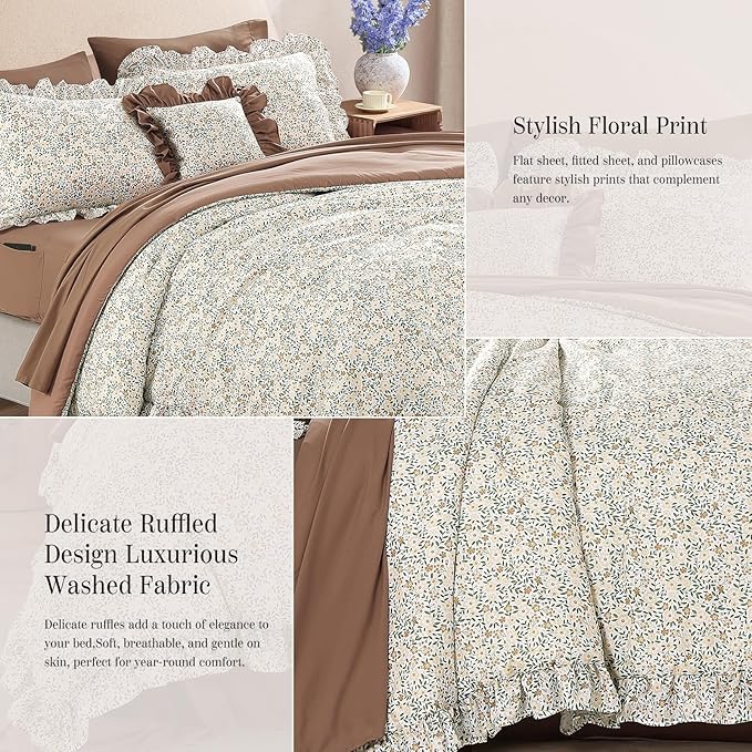 Queen Comforter Set - 7 Pieces Ruffle Beige Ditzy Bedding Sets, Shabby Chic Farmhouse Bed in a Bag Queen with Floral Comforter,Sheets, Pillowcases & Shams