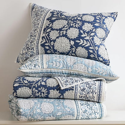 Levtex Home Adare Blue Reversible Full/Queen Quilt Set (88x92in) with 2 Pillow Shams (26x20in) - Floral Bedding - Blue White - Cotton Full/Queen Size Quilt Bedding Set - Lightweight, Soft, Pre-Washed
