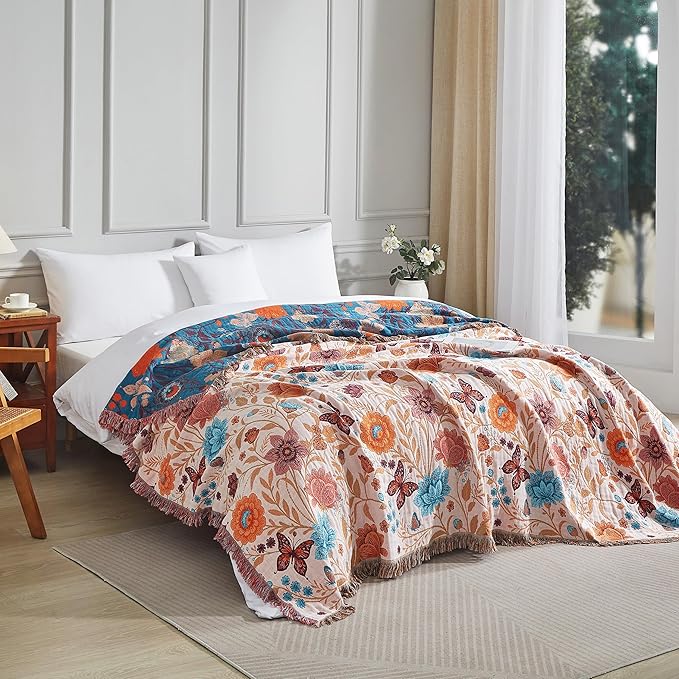 Boho Throw Blanket for Bed 80”x90”, 100% Cotton Woven Blanket for Couch Sofa, Ultra Soft 4-Layer Muslin Quilt with Floral Printed, Farmhouse Bed Blanket/Cover for Living Room Decor