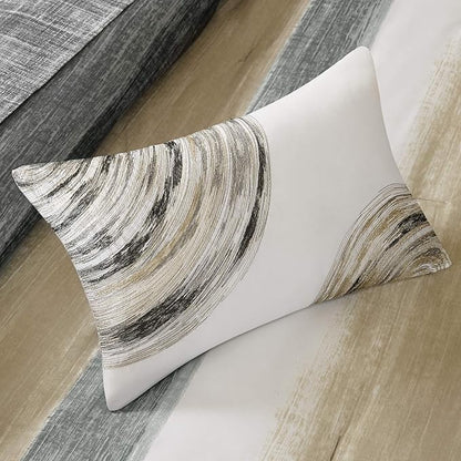 Madison Park Essentials Full Comforter Set, Bed in a Bag Full, Watercolor Print Coastal Comforter & Chambray Cotton Sheet Set, All Season Bedding Set, Saben, Taupe Full (78 in x 86 in) 9 Piece