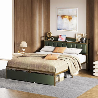 LIKIMIO Queen Bed Frame, Storage Headboard with Charging Station, Platform Bed with Drawers, No Box Spring Needed, Easy Assembly, Dark Green