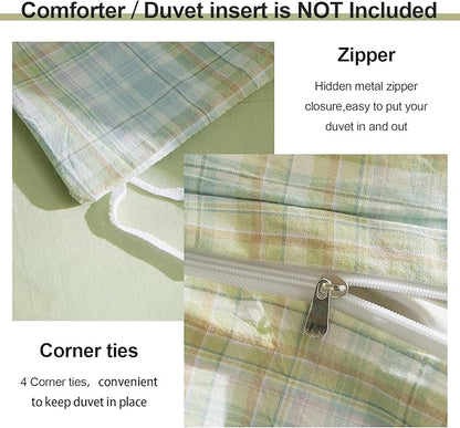 EAVD Gingham Duvet Cover Queen Multicolor Soft Washed Cotton Reversible Grid Plaid Duvet Cover Set with 2 Pillowcases Modern Farmhouse Gingham Bedding Set with Zipper Closure