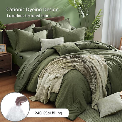 Monbix Queen Comforter Set - 7 Pieces Cationic Dyeing Olive Green Bed in a Bag Queen Bedding Sets with Comforter, Sheets, Pillowcases & Shams, Reversible Bedding Comforters Sets