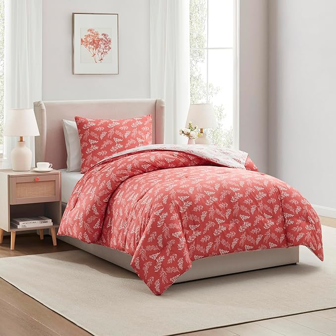 Nestl Twin/Twin XL Comforter Set - Pink Bed in a Bag Twin, 2 Pieces Reversible Bed Set, Soft Floral Bedding Set for College Dorm, All Season Botanical Comforters with Pillow Sham