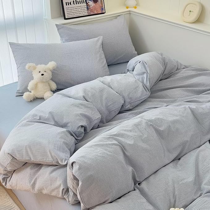MKXI Ultra-Breathable Washed Cotton Duvet Cover Set, Twin XL 3-Piece Set - Fine Blue & White Stripes - Textured, Comfy Bedding - Coastal, Farmhouse, Minimalist Style