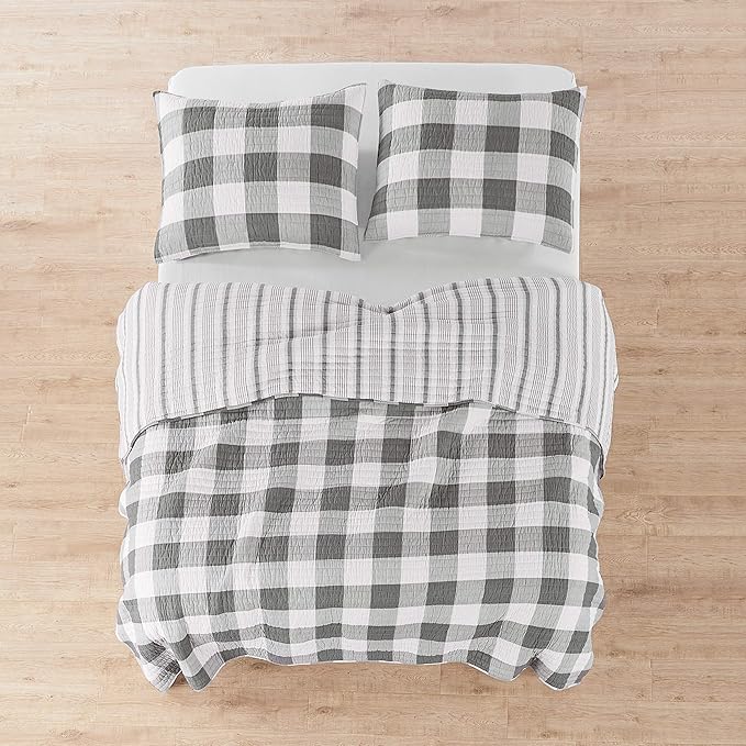 Levtex Home - Camden Quilt Set -Twin Quilt + One Standard Pillow Sham - Buffalo Check in Grey and Cream - Quilt Size (68 x 86 in.) and Pillow Sham Size (26 x 20 in.) - Reversible Pattern - Cotton