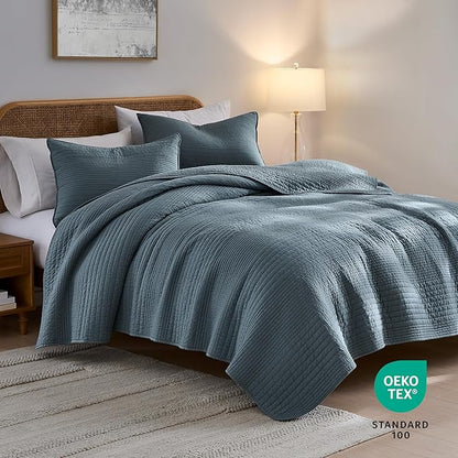 PALASSIO Striped Blue Grey 100% Cotton Quilt California Cal King Size Bedding Sets, Oversized Lightweight Channel Pick Stitch Textured Bedspread Soft Farmhouse Country Coverlet for All Season, 2 Shams