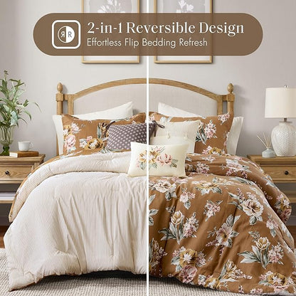 Madison Park Vintage Floral Reversible Comforters King Size Bed, All Season, Down Alternative Bedding Comforter, Bedskirt, Pillows, Shams, Salara, King Terracotta 7 Piece | Reversible
