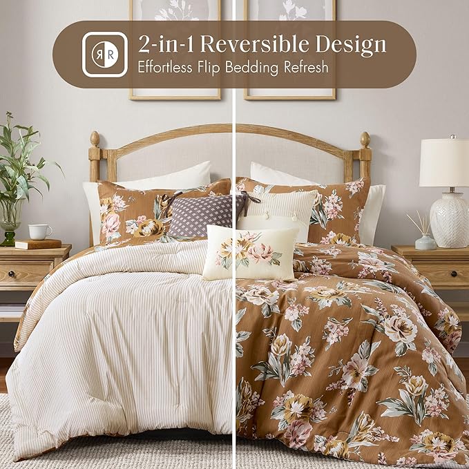Madison Park Vintage Floral Reversible Comforters King Size Bed, All Season, Down Alternative Bedding Comforter, Bedskirt, Pillows, Shams, Salara, Cal King Terracotta 7 Piece | Reversible