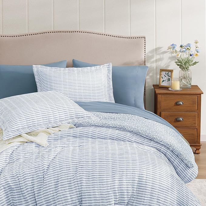 King Comforter Set - 7 Pieces Blue Gauze Muslin Bedding Sets for All Seasons, Lightweight Breathable Bed in a Bag King with Revesible Farmhouse Comforter, Sheets, Pillowcases & Shams