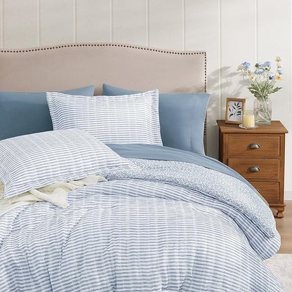 Full Comforter Set - 7 Pieces Blue Gauze Muslin Bedding Sets for All Seasons, Lightweight Breathable Bed in a Bag Full with Revesible Farmhouse Comforter, Sheets, Pillowcases & Shams