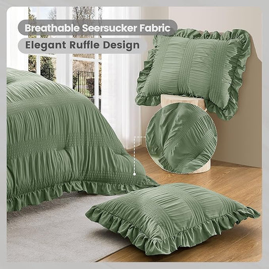 QUIETSEA King Comforter Set Seersucker 7 Pieces Luxury Ruffle Bed in a Bag King Size for All Season Green Bedding Set with Comforter, Pillowcases, Flat Sheet, Fitted Sheet and Pillow Shams