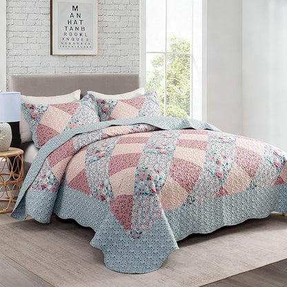 Travan 3-Piece Bedspread Quilt Set Lightweight Coverlet Set Garden Style Floral Printed Oversized Quilted Bedding Set with Shams for All Season, Exquisite, Queen Size