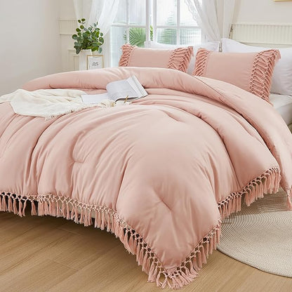 Andency Pink Comforter Set King, 3 Pieces Boho Tassel Lightweight Soft Bedding Comforter Sets for King Bed, All Season Fluffy Fringe Bed Set (104x90In Comforter & 2 Pillowcases)