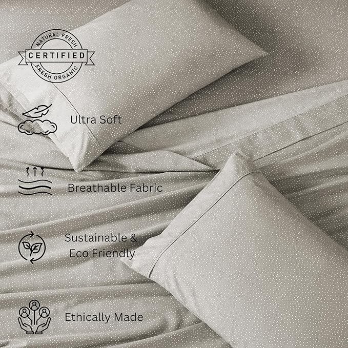 LANE LINEN 100% Organic Cotton Grey (White Dot) Queen-Sheets Set 4-Piece Long Staple Percale Weave Bedding Sheets for Bed Breathable GOTS Certified Fits Mattress Upto 15inch Deep
