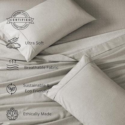 LANE LINEN 100% Organic Cotton Grey (White Dot) Queen-Sheets Set 4-Piece Long Staple Percale Weave Bedding Sheets for Bed Breathable GOTS Certified Fits Mattress Upto 15inch Deep