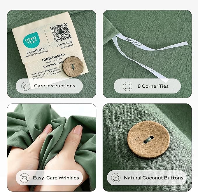 JELLYMONI 100% Washed Cotton Duvet Cover King – Soft, Breathable Linen-Look Bedding with Natural Wrinkle Texture, Button Closure, 3-Piece Set (Dusty Green, 104"x90")