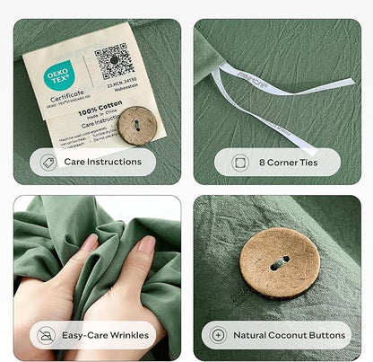 JELLYMONI 100% Washed Cotton Duvet Cover Full – Soft, Breathable Linen-Look Bedding with Natural Wrinkle Texture, Button Closure, 3-Piece Set (Dusty Green, 80"x90")