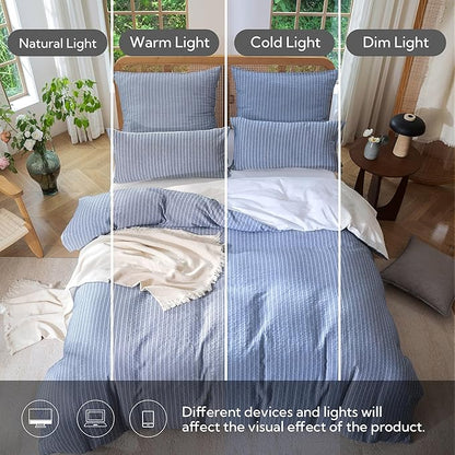 MILDLY Jacquard Stripe Duvet Cover - 100% Washed Cotton Blue Boho Textured Comforter Cover Set with Zipper Closure 80"x90"