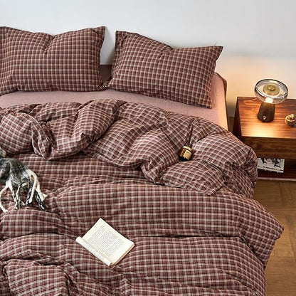 EAVD Vintage Style Burgundy Gingham Duvet Cover Queen 100% Washed Cotton Like Linen Feel Soft Checkered Grid Plaid Bedding Set with 2 Pillowcases Farmhouse Grid Geometric Duvet Cover with Zipper
