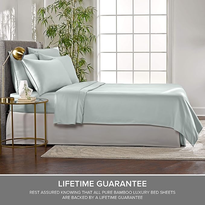 Pure Bamboo Split King Sheets, Genuine 100% Organic Viscose Derived from Bamboo Bed Sheet Set, Soft & Cooling, Double Stitching, 2 Fitted Sheets (Split King, Sea Glass)