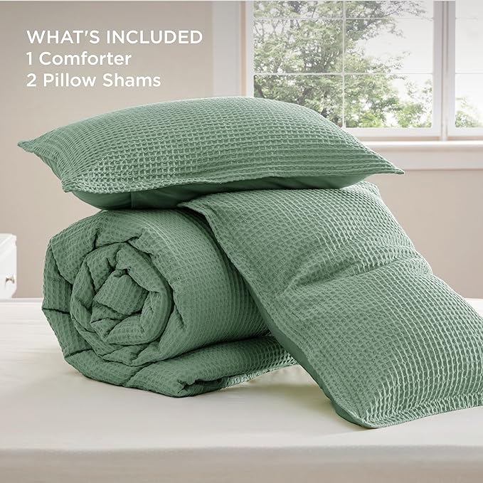 Bedsure Waffle Comforter Set King, Green Soft Bedding, Waffle Weave Bed Set, 3 Pieces, 1 Comforter (104"x90") and 2 Pillow Shams, Cotton Shell and Polyester Lining for All Seasons