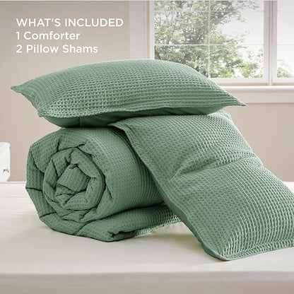 Bedsure Waffle Comforter Set King, Green Soft Bedding, Waffle Weave Bed Set, 3 Pieces, 1 Comforter (104"x90") and 2 Pillow Shams, Cotton Shell and Polyester Lining for All Seasons