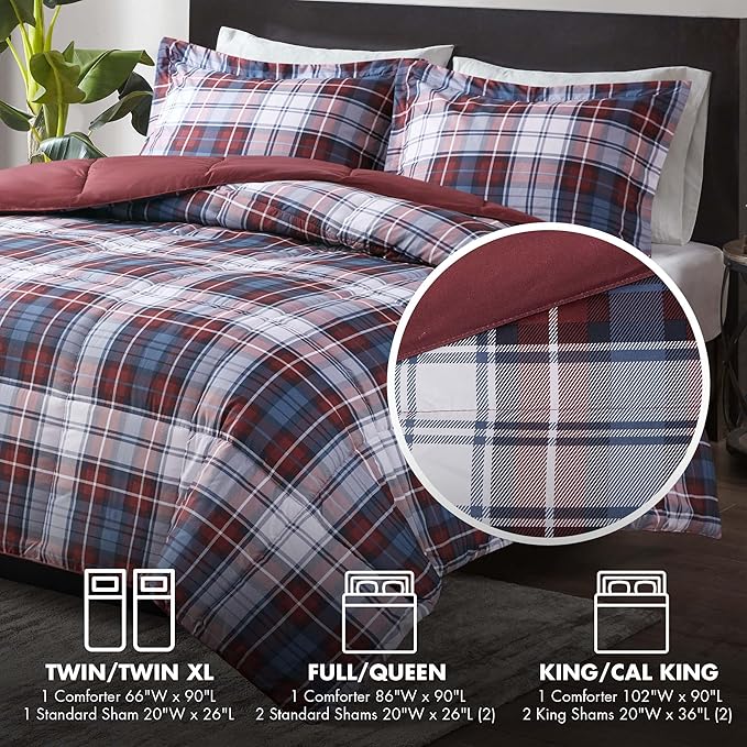 Madison Park Essentials Parkston Plaid Comforter, Matching Sham, 3M Scotchguard Stain Release Cover, Hypoallergenic All Season Bedding-Set, King/California King, Red, 3 Piece