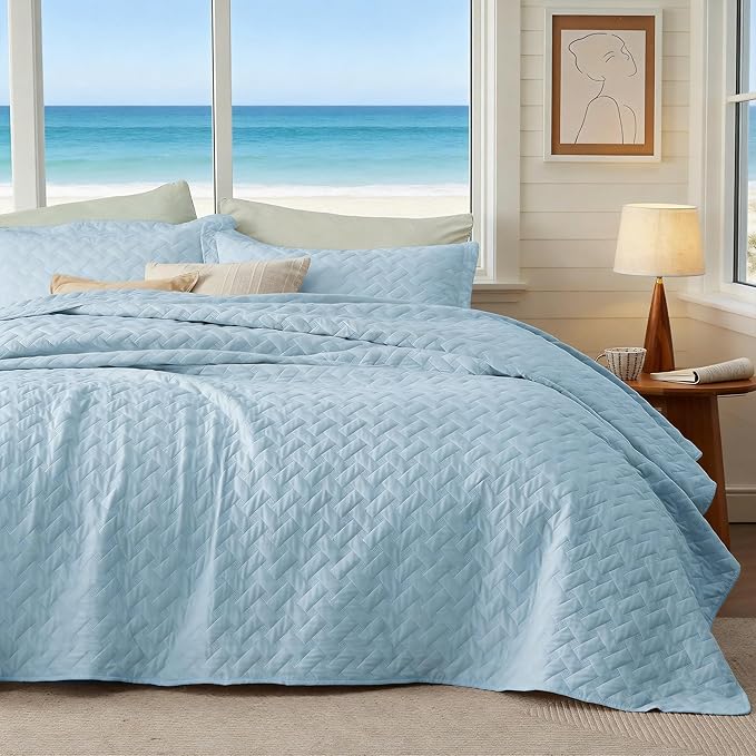 Bedsure Quilts Twin Size - Lightweight Bedspreads Twin Size with Basket Weave Pattern, Soft Quilt Bedding Set, Sky Blue Comforter Set Coverlet for All Seasons with 1 Pillow Sham (68" x 86") | Skin-Friendly Soft, All-Season Comfort, Breathable, Lightwei...