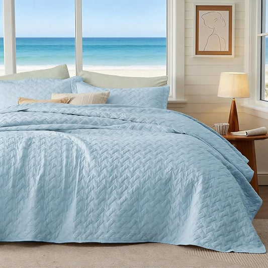Bedsure Quilts Queen Size - Lightweight Bedspreads Queen Size with Basket Weave Pattern, Soft Quilt Bedding Set, Sky Blue Comforter Set Coverlet for All Seasons with 2 Pillow Shams (90" x 96") | Skin-Friendly Soft, All-Season Comfort, Breathable, Light...