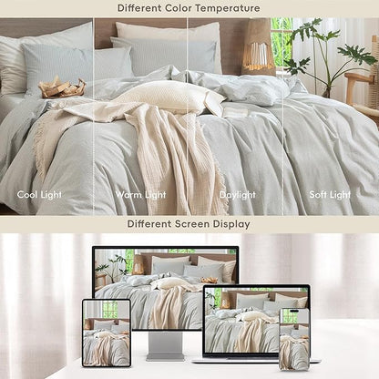 MooMee Striped Duvet Cover Set 100% Washed Cotton Linen Like Textured Breathable Durable Soft Comfy (Heathered Green Pinstripes, Twin 68"x90")