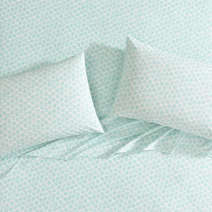 Laura Ashley - King Sheets, Cotton Percale Bedding Set, Lightweight & Breathable Home Decor (Margate Shells Blue, King)