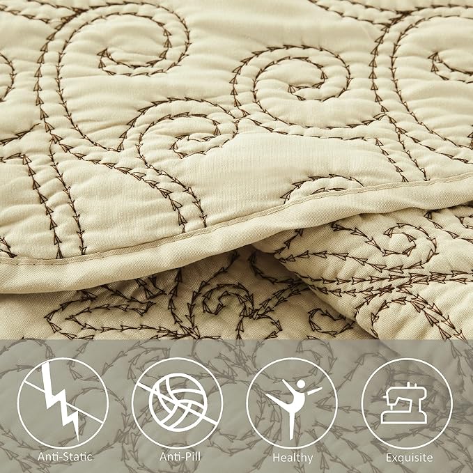 Home Soft Things Damask 4 Piece Bedspread Set, Scalloped Edge Reversible Quilt Coverlet Comforter Prewashed Bedding Set, Matelasse Embossed Floral Solid Pattern,Beige Oversize Queen(110" x 120")