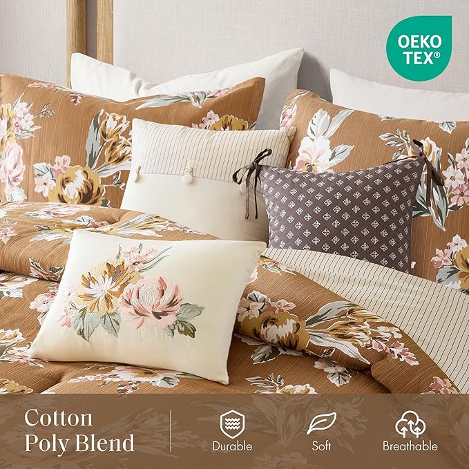 Madison Park Vintage Floral Reversible Comforters King Size Bed, All Season, Down Alternative Bedding Comforter, Bedskirt, Pillows, Shams, Salara, King Terracotta 7 Piece | Reversible