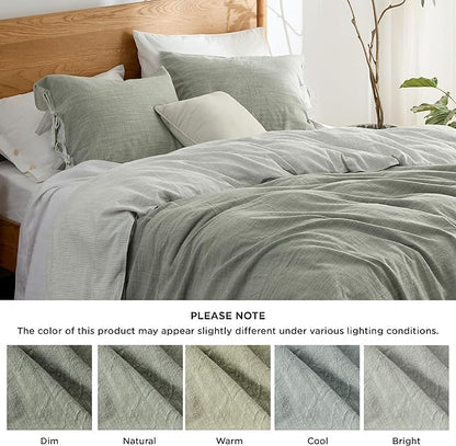 Bedsure Striped Duvet Cover King Size – Moisture-Wicking Eucalyptus Lyocell, Cotton & Linen Hybrid Comforter Cover Set with Bowknot Ties Closure – GentleSoft™ & Breathable Bedding Set – Seaweed Green