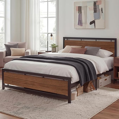 LIKIMIO King Bed Frame with Headboard and Footboard, Metal Strong Supports, Easy Assembly, Noise-Free, No Box Spring Needed, Dark Walnut