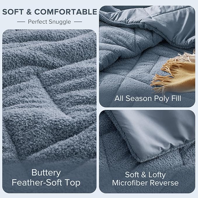 Comfort Spaces Queen Comforter Set Reversible Feather-Soft Plush Comforters for Queen Size Bed All Season Lightweight Shearling Fleece Sherpa Comforter Queen Size Bed Set, Full/Queen, Blue 3 Piece