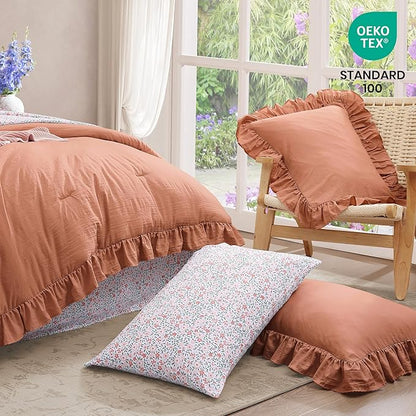 King Comforter Set - 7 Pieces Ruffle Autumn Leaf Bedding Sets, Shabby Chic Farmhouse Bed in a Bag King with Ruffle Comforter, Floral Sheets, Pillowcases & Shams