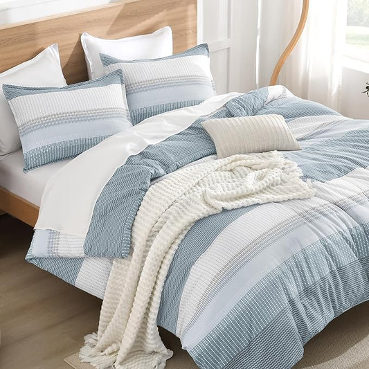 Litanika Comforter Set - Lightweight Quilt Bedding Comforter Sets, Colorblock Stripe Fluffy Bed Set, All Season Down Alternative, Twin/Twin XL Light Blue