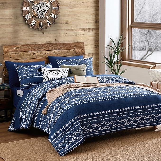 Geniospin Full Comforter Set - 7 Pieces Comforters Full Size, Fluffy Boho Bedding Sets for All Seasons, Bed in a Bag with Flat Sheet and Fitted Sheet, Pillowcase & Sham (Blue, 80''x90'')